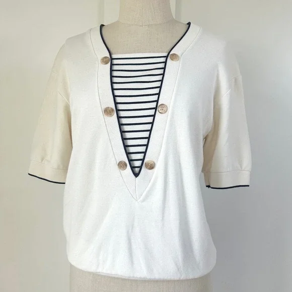 Aileen Petites Vintage Striped Sailor Top XS Short Sleeve Casual Fisherman - Picture 1 of 8